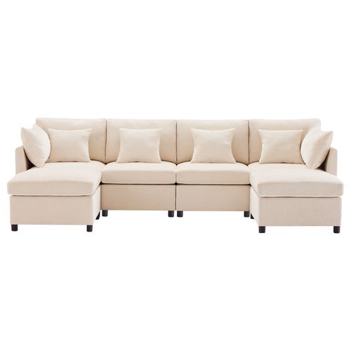 Canapé D'angle 4 Places Modulable En U, Tissu Chenille Beige 278x161x81 Cm Avec 2 Poufs