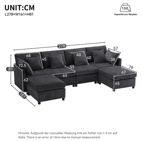 Canapé D'angle 4 Places Modulable En U, Tissu Chenille Gris 278x161x81 Cm Avec 2 Poufs