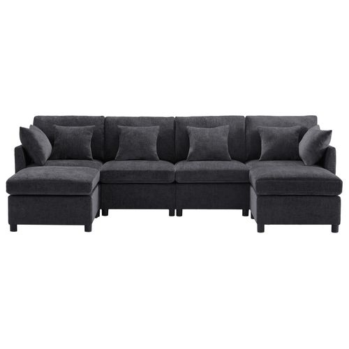 Canapé D'angle 4 Places Modulable En U, Tissu Chenille Gris 278x161x81 Cm Avec 2 Poufs