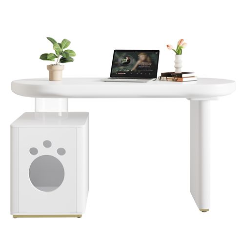 Bureau Blanc 117×50×76 Cm Avec Niche Pour Animal Intégrée, Pieds 5 Cm