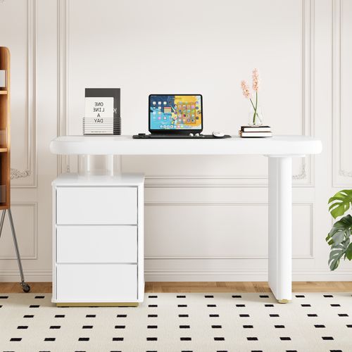 Bureau Blanc 117×50×74 Cm Avec 3 Tiroirs, Plateau 3,7 Cm Et Pieds 6,6 Cm