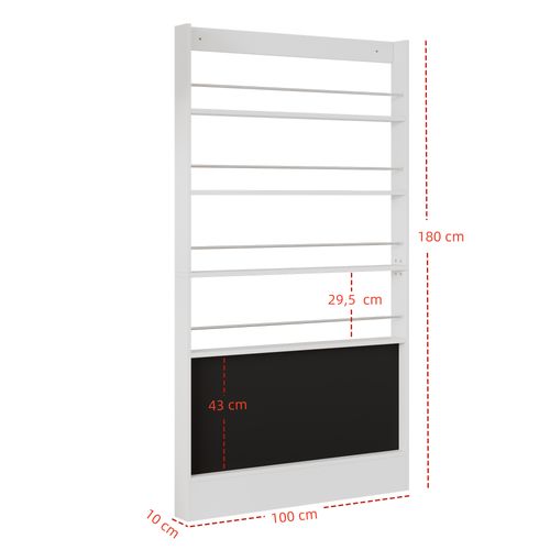 Étagère Bibliothèque Murale 100x10x180 Cm, 4 Étagères, Bois Blanc et Métal, Avec Tableau Noir