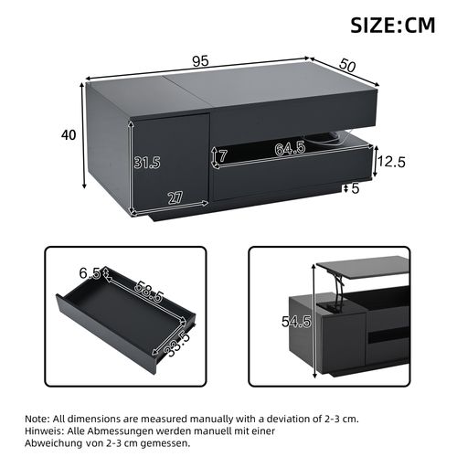 Table Basse Relevable Pour Salon 95x50 Cm Noir Brillant Avec LED, Tiroir Et Placard