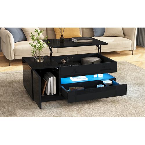 Table Basse Relevable Pour Salon 95x50 Cm Noir Brillant Avec LED, Tiroir Et Placard