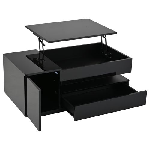 Table Basse Relevable Pour Salon 95x50 Cm Noir Brillant Avec LED, Tiroir Et Placard
