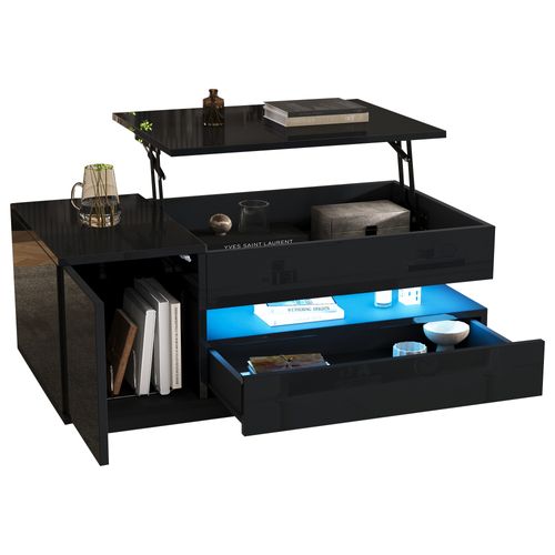 Table Basse Relevable Pour Salon 95x50 Cm Noir Brillant Avec LED, Tiroir Et Placard