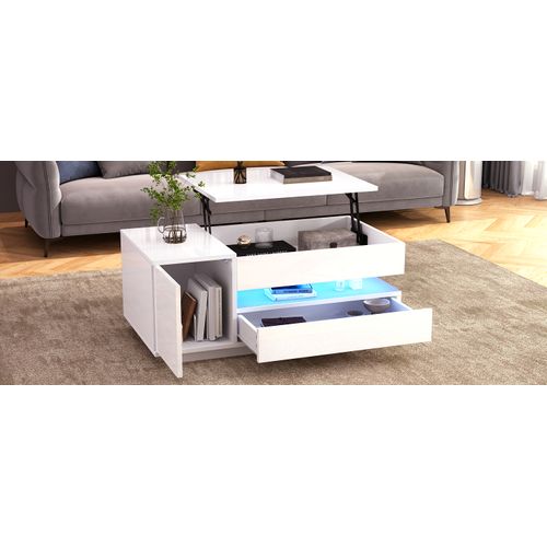Table Basse Relevable Pour Salon 90x50x34,5 Cm Blanc, Avec LED, Tiroir Et Placard