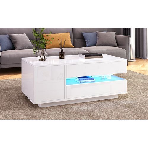Table Basse Relevable Pour Salon 90x50x34,5 Cm Blanc, Avec LED, Tiroir Et Placard