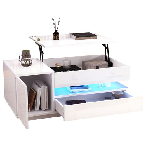 Table Basse Relevable Pour Salon 90x50x34,5 Cm Blanc, Avec LED, Tiroir Et Placard