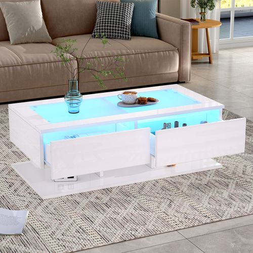 Table Basse Blanc Laqué Salon LED 100x50x35 Cm Avec 2 Tiroirs, Plateau En Verre