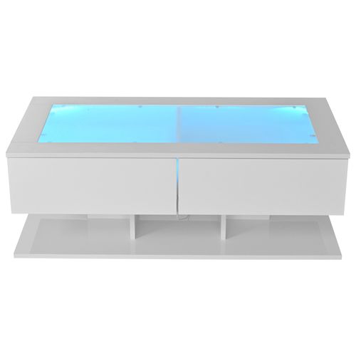 Table Basse Blanc Laqué Salon LED 100x50x35 Cm Avec 2 Tiroirs, Plateau En Verre