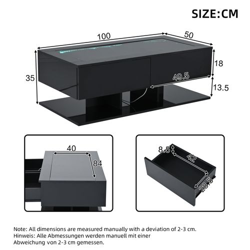 Table Basse Noir Laqué Salon LED 100x50x35 Cm Avec 2 Tiroirs, Plateau En Verre