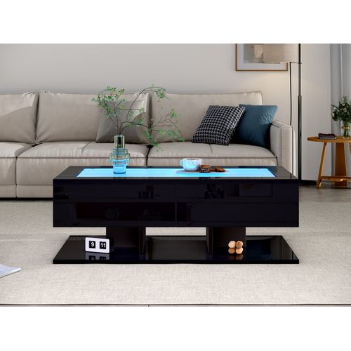 Table Basse Noir Laqué Salon LED 100x50x35 Cm Avec 2 Tiroirs, Plateau En Verre