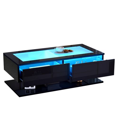 Table Basse Noir Laqué Salon LED 100x50x35 Cm Avec 2 Tiroirs, Plateau En Verre