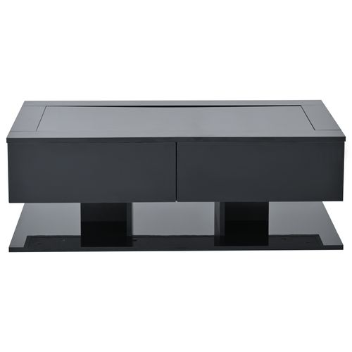 Table Basse Noir Laqué Salon LED 100x50x35 Cm Avec 2 Tiroirs, Plateau En Verre