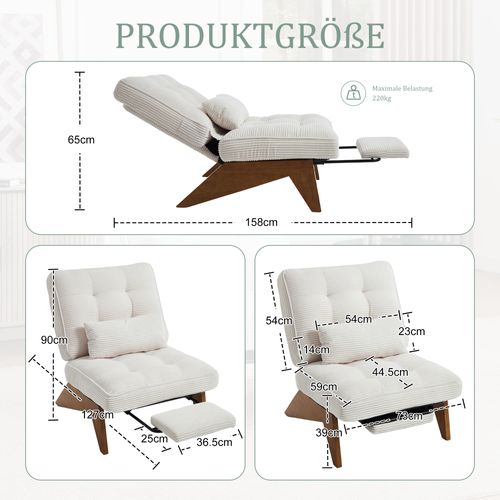 Fauteuil Relax Réglable Velours Côtelé Beige Avec Repose-pieds Et Coussin Lombaire, Pieds Bois