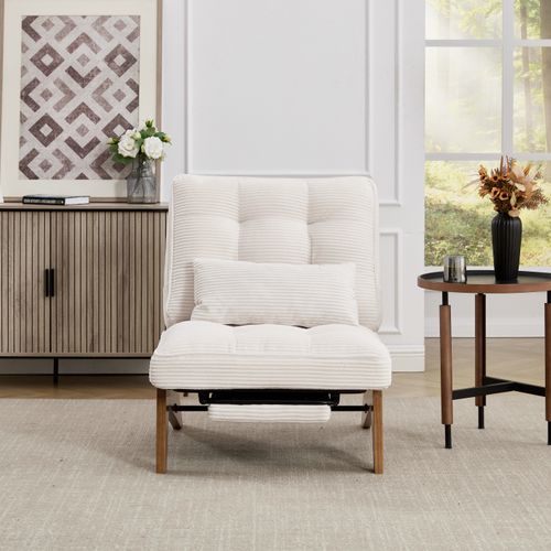 Fauteuil Relax Réglable Velours Côtelé Beige Avec Repose-pieds Et Coussin Lombaire, Pieds Bois