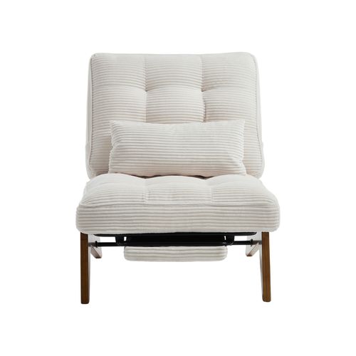 Fauteuil Relax Réglable Velours Côtelé Beige Avec Repose-pieds Et Coussin Lombaire, Pieds Bois
