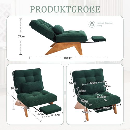Fauteuil Lounge Relax Réglable En Velours Côtelé Émeraude Avec Coussin Lombaire Et Pieds En Bois