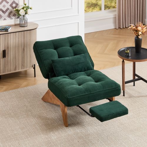 Fauteuil Lounge Relax Réglable En Velours Côtelé Émeraude Avec Coussin Lombaire Et Pieds En Bois