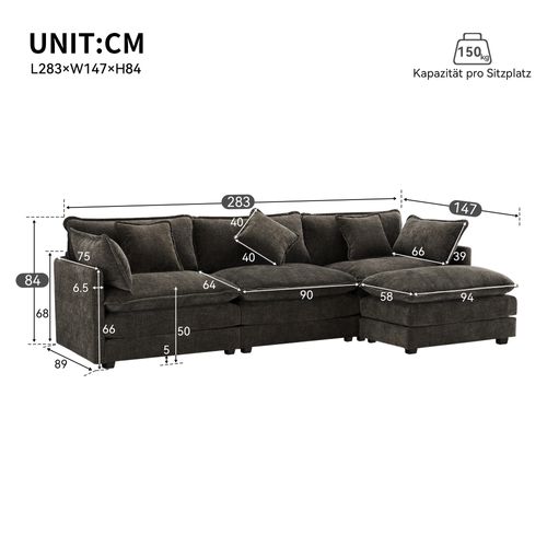 Canapé D'angle 283x147x84 Cm 3-4 Places En Tissu Chenille Gris Foncé Avec Pouf Modulable