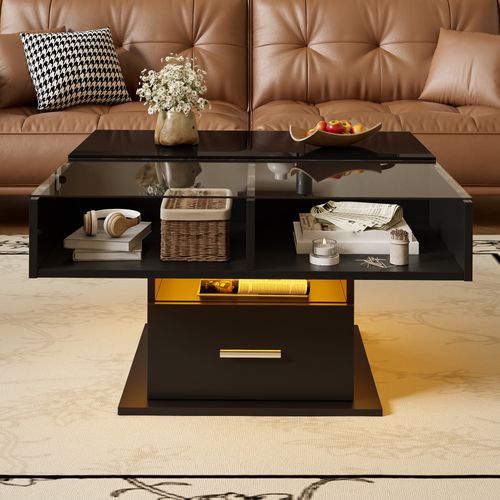 Table Basse Relevable Carrée 78 Cm, Bois Noir, LED, Hauteur Réglable, Avec Tiroir Et Niche