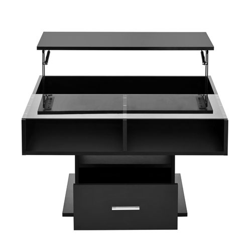 Table Basse Relevable Carrée 78 Cm, Bois Noir, LED, Hauteur Réglable, Avec Tiroir Et Niche