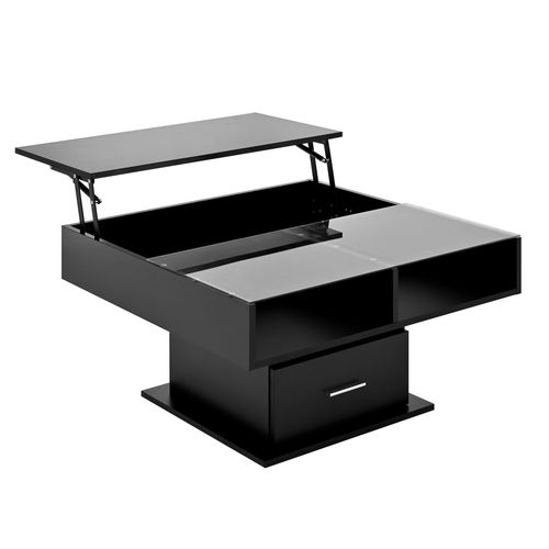 Table Basse Relevable Carrée 78 Cm, Bois Noir, LED, Hauteur Réglable, Avec Tiroir Et Niche