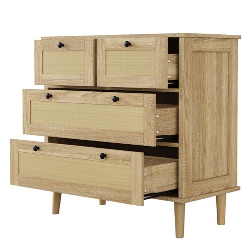 Commode 80x40x80 Cm Avec 4 Tiroirs, Façades En Rotin Pe, Pieds En Bois, Couleur Naturelle