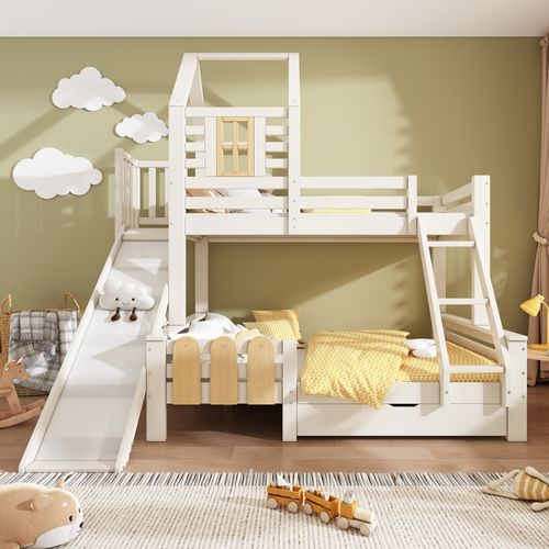 Lit Superposé Enfant 90x200+140x200 Cm Avec Toboggan, Tiroir Et Design Cabane, Bois Blanc