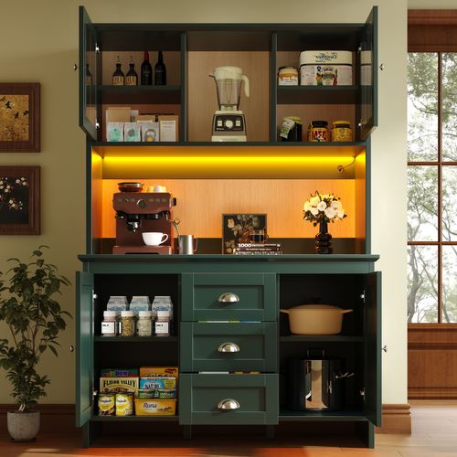 Buffet de salon avec 2 portes en L, éclairage LED, 3 tiroirs, étagères