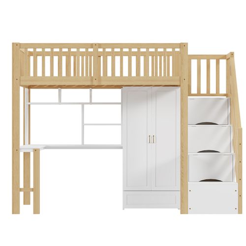 Lit Mezzanine Enfant 90x200 Cm Avec Bureau Intégré, Armoire Et Rangement, Bois Naturel Et Blanc
