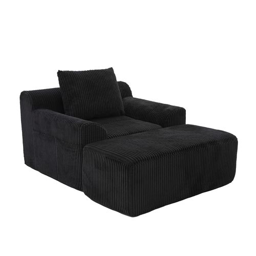 Fauteuil 147x110x67 Cm Velours Côtelé Noir Avec Repose-pieds Et Poches Latérales