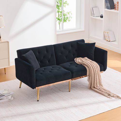 Canapé Convertible 2 Places 165x72,5x75 Cm En Velours Noir, Dossier Réglable, Pieds Métal