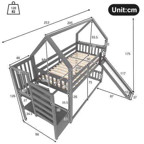 Lit Superposé Enfant 90x200 Cm Cabane Avec Toboggan, Escalier Et Rangements, Bois Gris