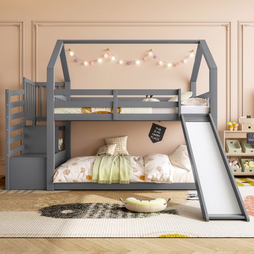 Lit Superposé Enfant 90x200 Cm Cabane Avec Toboggan, Escalier Et Rangements, Bois Gris