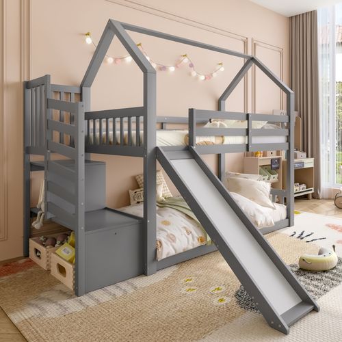 Lit Superposé Enfant 90x200 Cm Cabane Avec Toboggan, Escalier Et Rangements, Bois Gris
