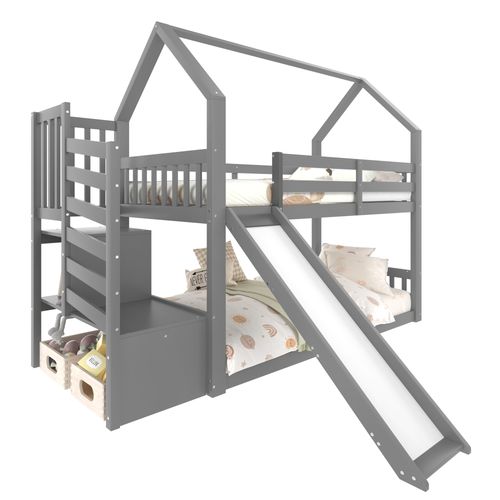 Lit Superposé Enfant 90x200 Cm Cabane Avec Toboggan, Escalier Et Rangements, Bois Gris