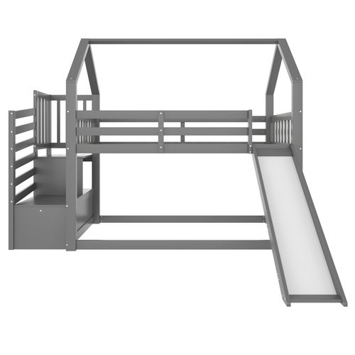 Lit Superposé Enfant 90x200 Cm Cabane Avec Toboggan, Escalier Et Rangements, Bois Gris