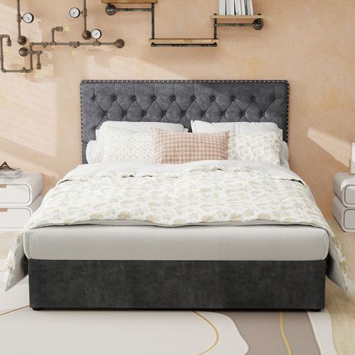 Lit Coffre 140x200 Cm Velours Gris, Structure Métal, Tête De Lit Et Sommier à Lattes