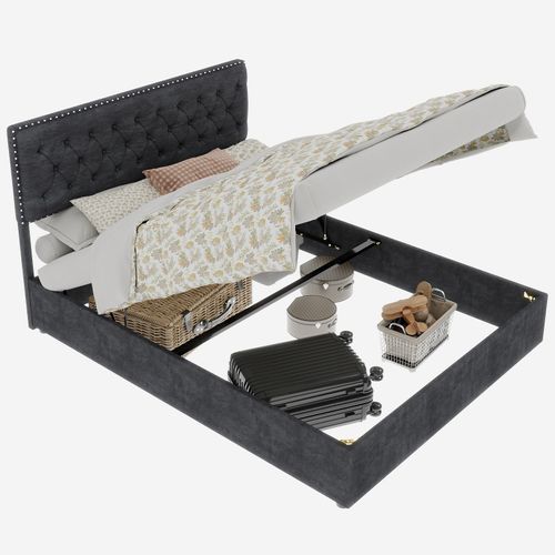 Lit Coffre 140x200 Cm Velours Gris, Structure Métal, Tête De Lit Et Sommier à Lattes