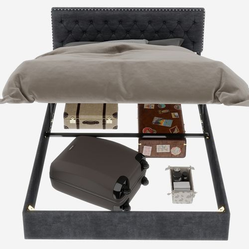 Lit Coffre 140x200 Cm Velours Gris, Structure Métal, Tête De Lit Et Sommier à Lattes