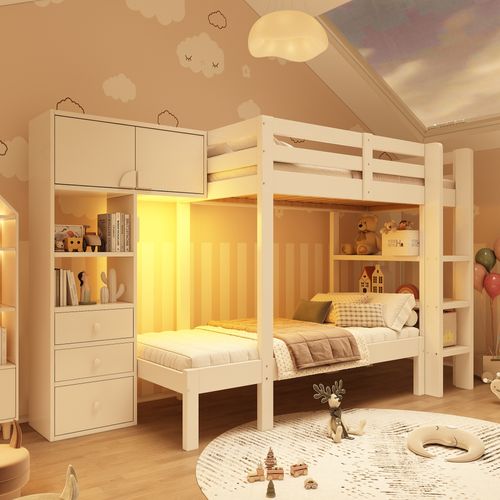 Lit Superposé 90x200 Cm Avec LED Inteilligent, Grand Rangement, Sécurité En747 Certifié, Bois Blanc