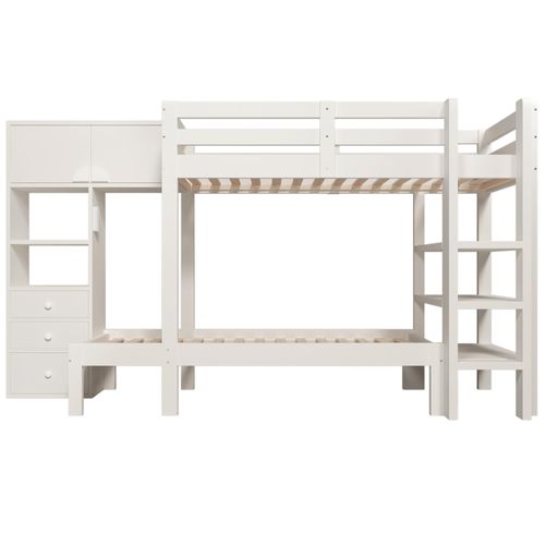 Lit Superposé 90x200 Cm Avec LED Inteilligent, Grand Rangement, Sécurité En747 Certifié, Bois Blanc