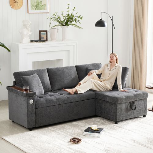 Canapé D’angle Convertible 3 Places En Chenille Gris Foncé Avec Coffre De Rangements