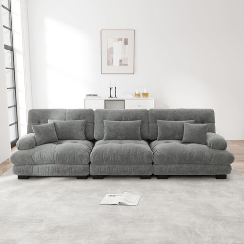Canapé Modulable 3 Places 313cm, Assise Profonde, Avec Coussins, Tissu Chenille Gris