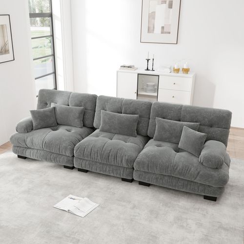 Canapé Modulable 3 Places 313cm, Assise Profonde, Avec Coussins, Tissu Chenille Gris