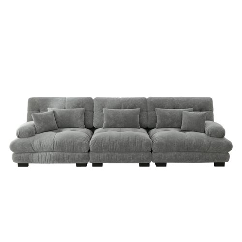 Canapé Modulable 3 Places 313cm, Assise Profonde, Avec Coussins, Tissu Chenille Gris