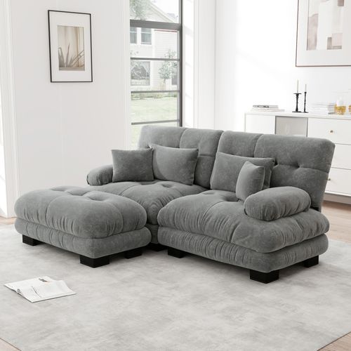 Canapé D'angle 2 Places Modulable 220cm En Tissu Chenille Gris Avec Pouf Ottoman, 4 Coussins