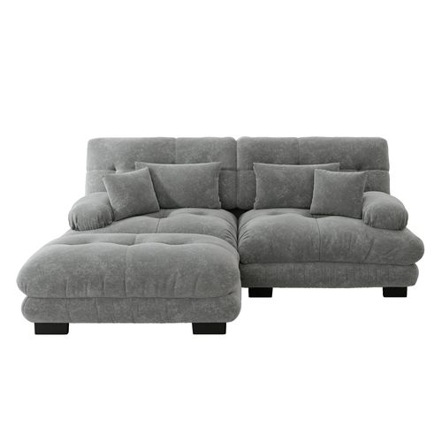 Canapé D'angle 2 Places Modulable 220cm En Tissu Chenille Gris Avec Pouf Ottoman, 4 Coussins